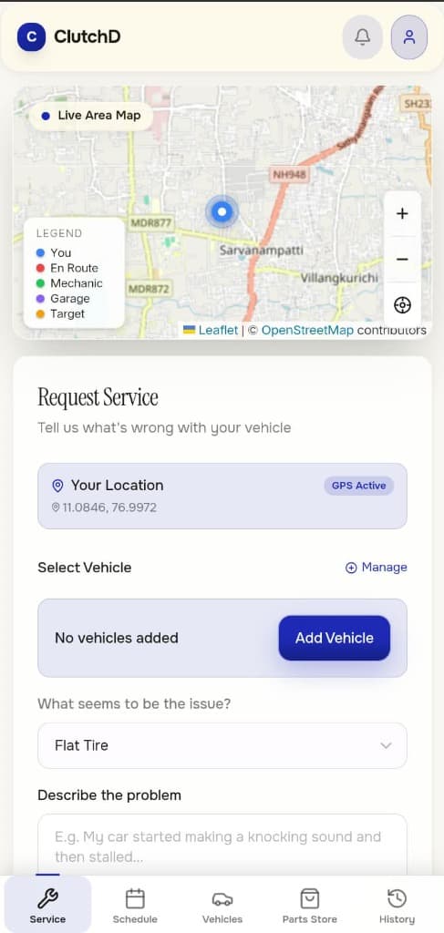 ClutchD App Live Service Request