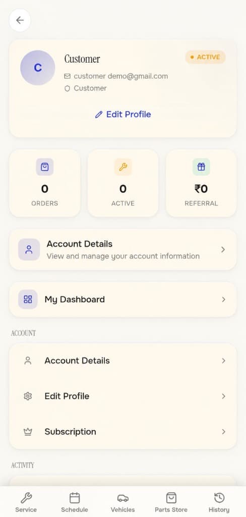 ClutchD customer profile screen with ACTIVE badge, order stats, and account shortcuts